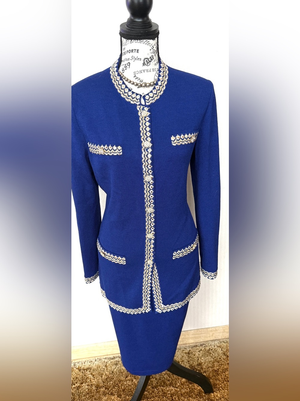 St. John Royal Blue Knit skirt suit with Gold Trim Detail 8 jacket/10 skirt